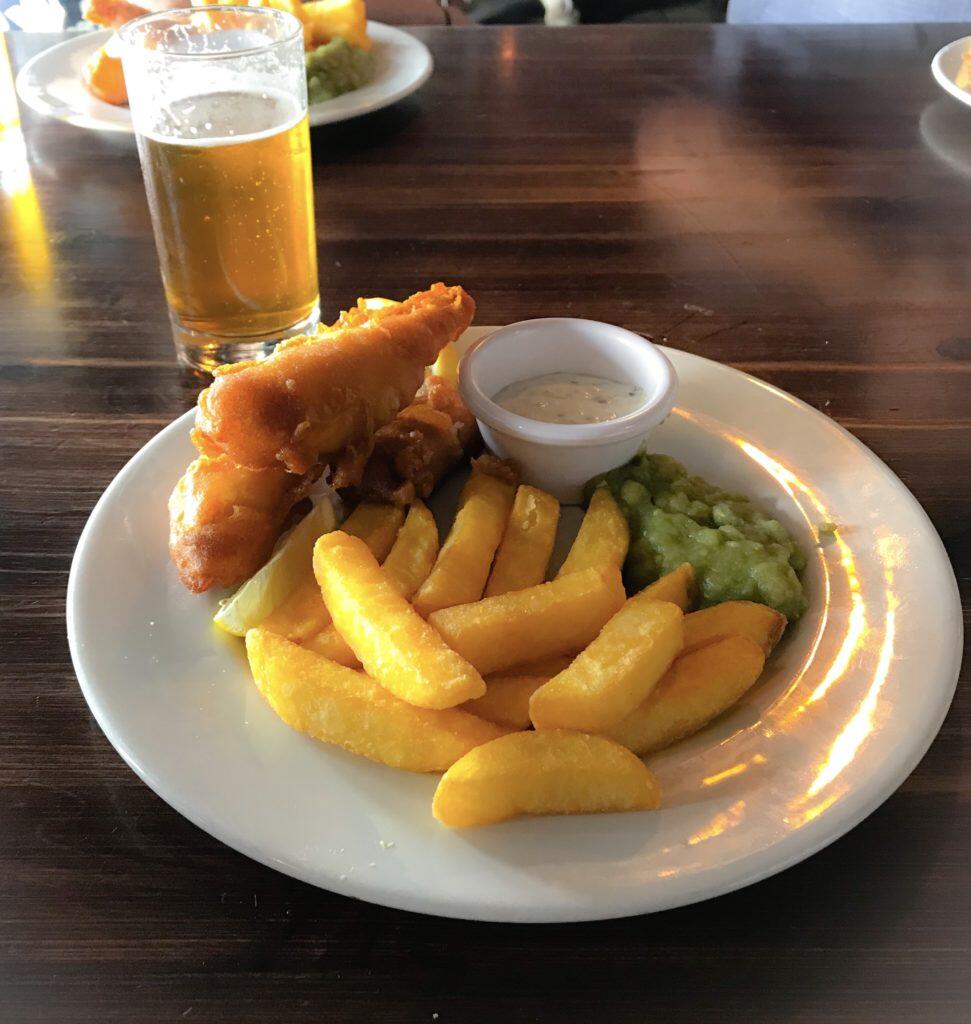 Fish and chips with a beer